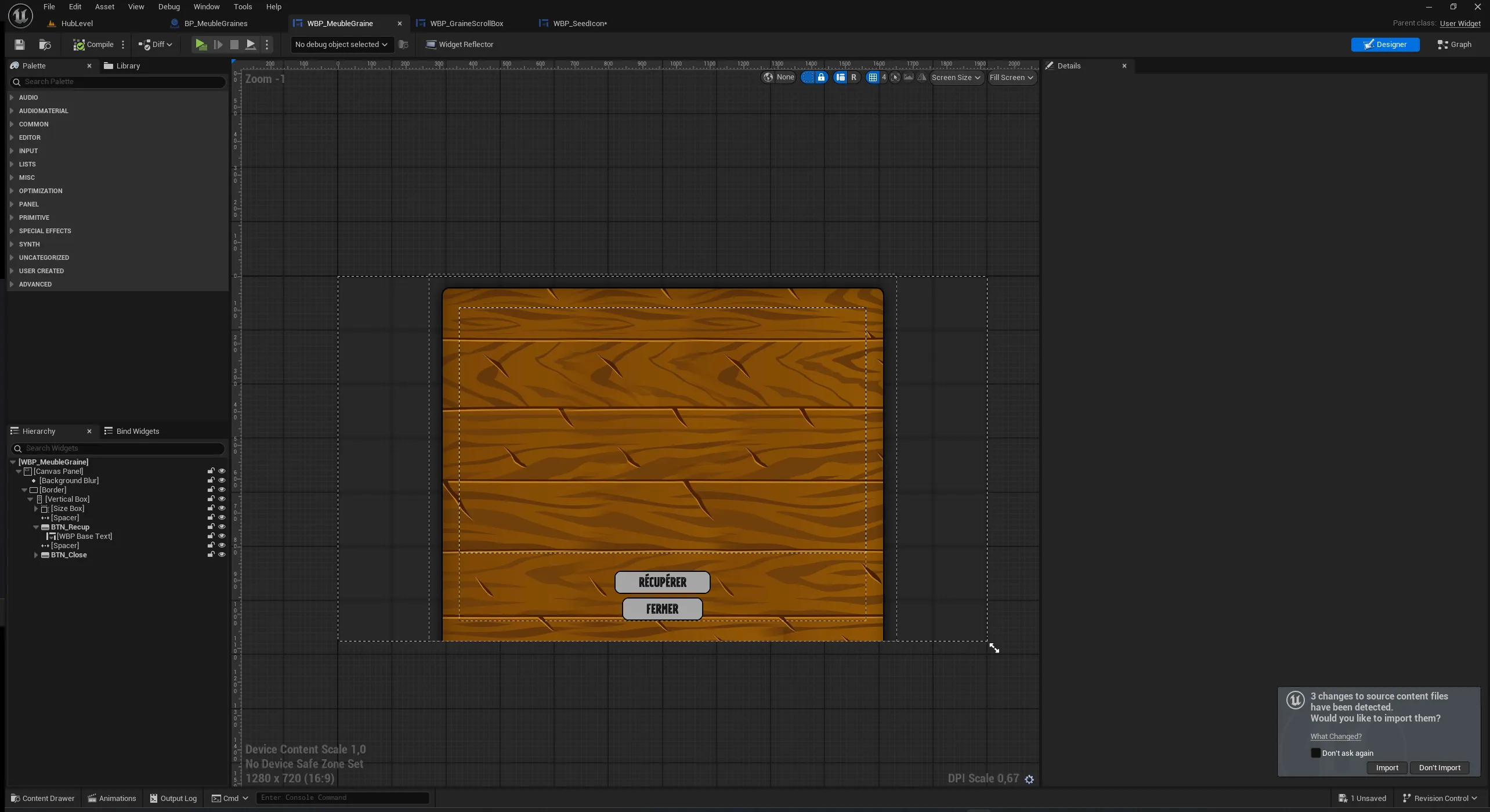 Image d'une partie de l'interface du meuble à graine depuis le moteur de jeu Unreal Engine