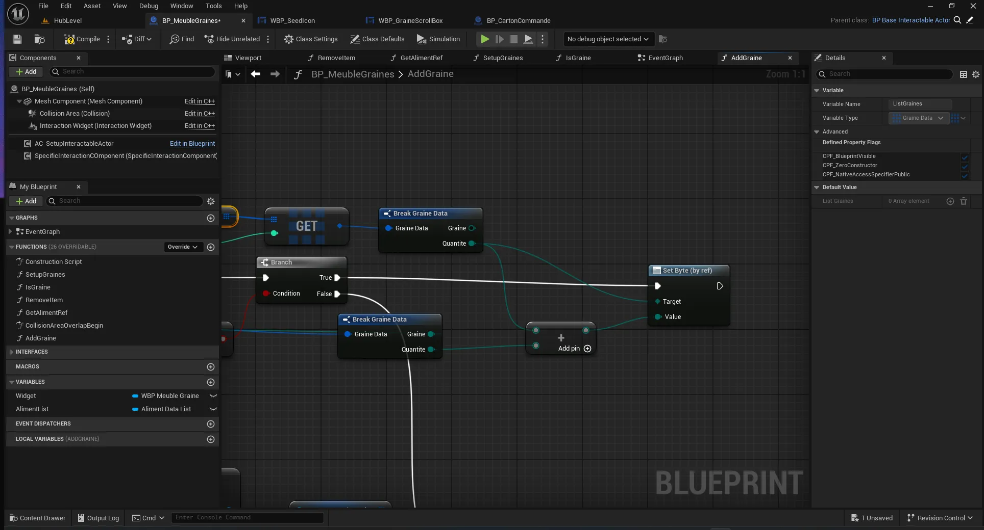 Image d'un extrait du code du meuble à graine depuis le moteur de jeu Unreal Engine