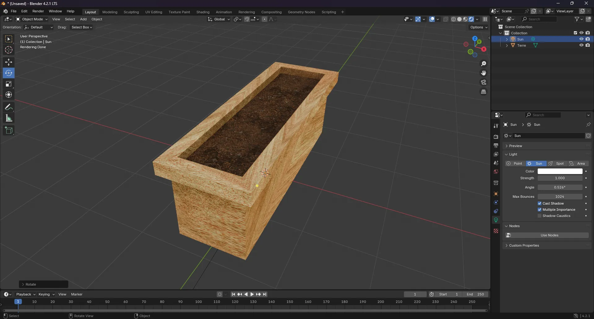 Image d'un bac du potager depuis le logiciel de modélisation 3D Blender