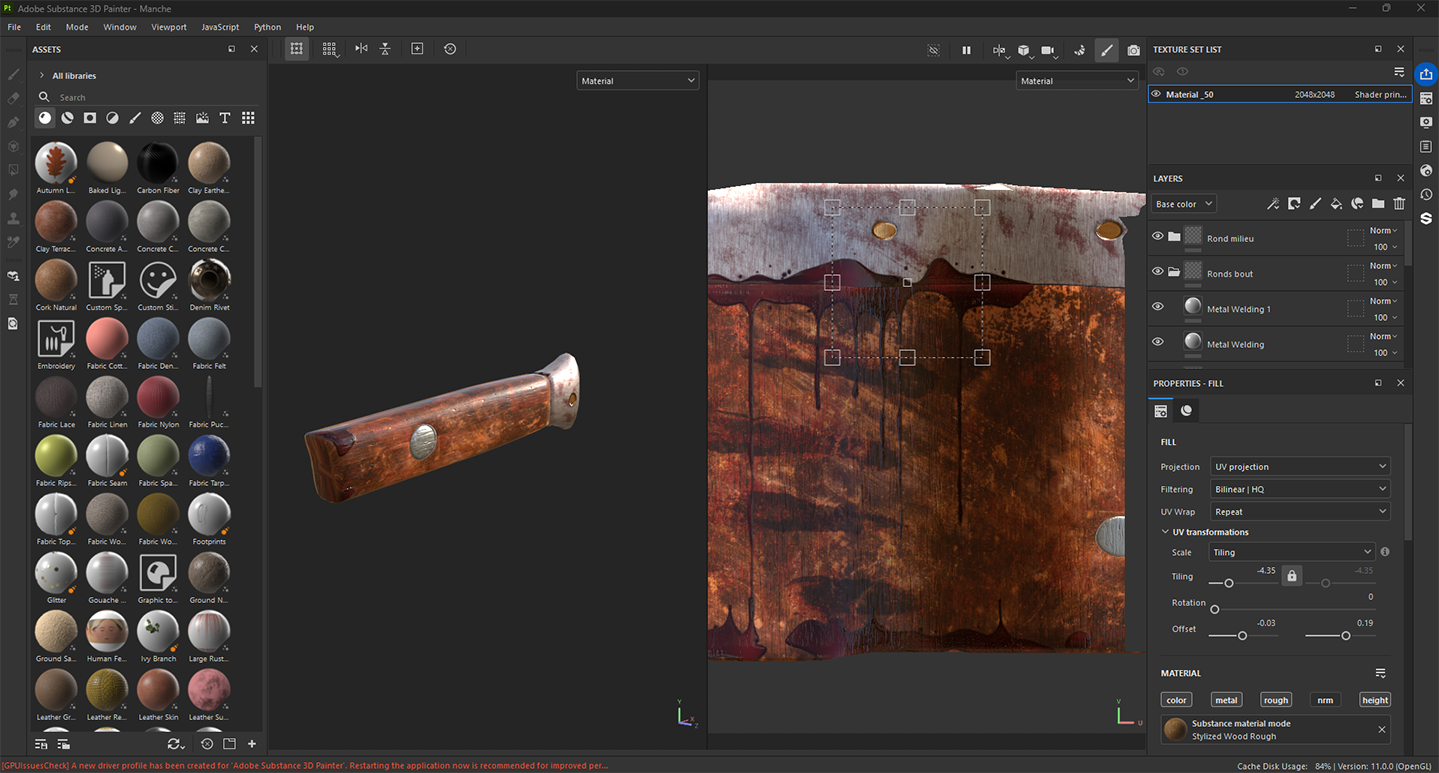 Image montrant la réalisation des textures d'un asset de couteau depuis le logiciel Substance 3D Painter