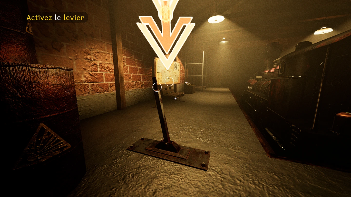Image du jeu montrant le levier à activer lors du niveau du hangar
