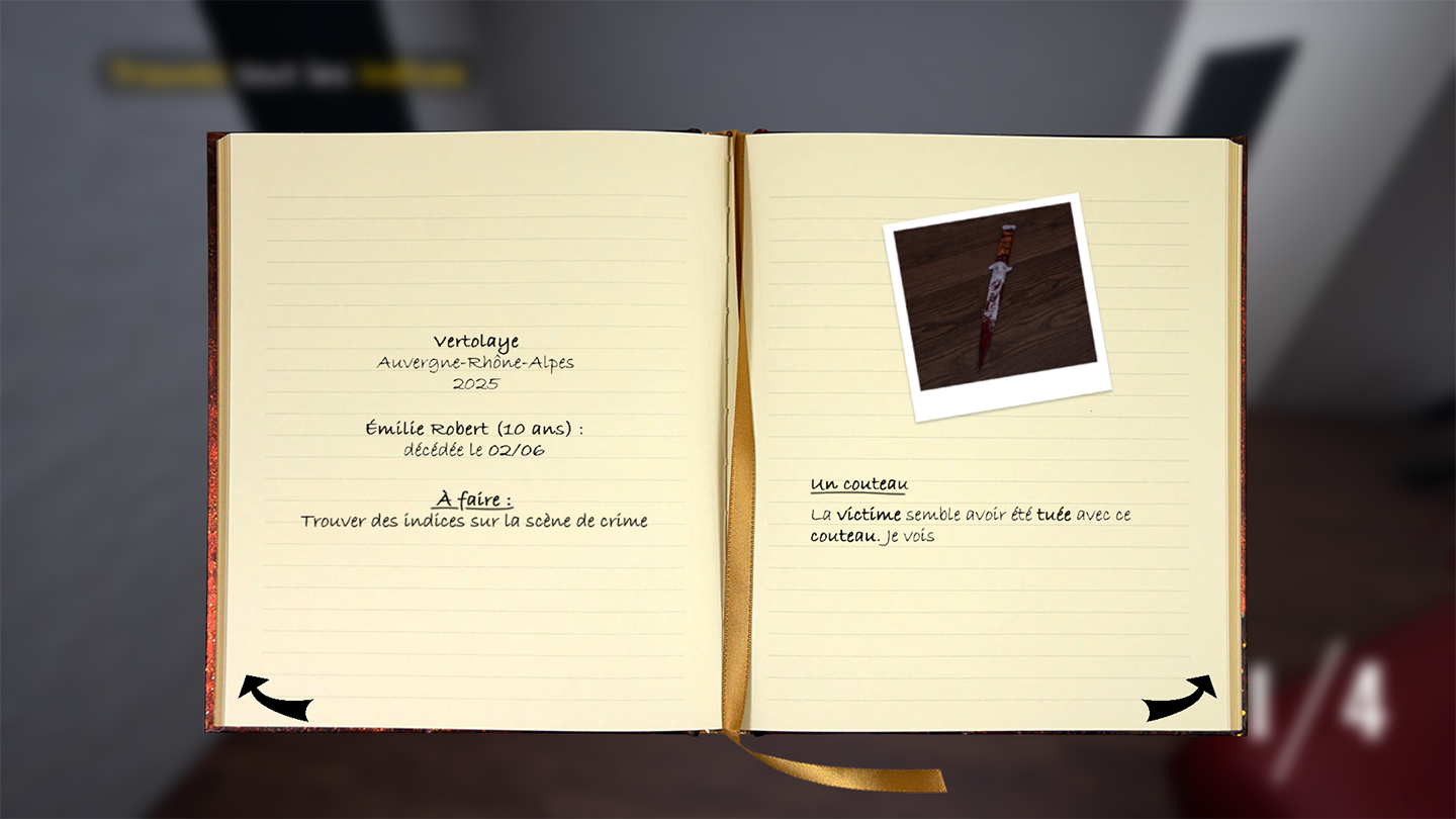 Image du jeu montrant le journal où sont notés les indices photographiés