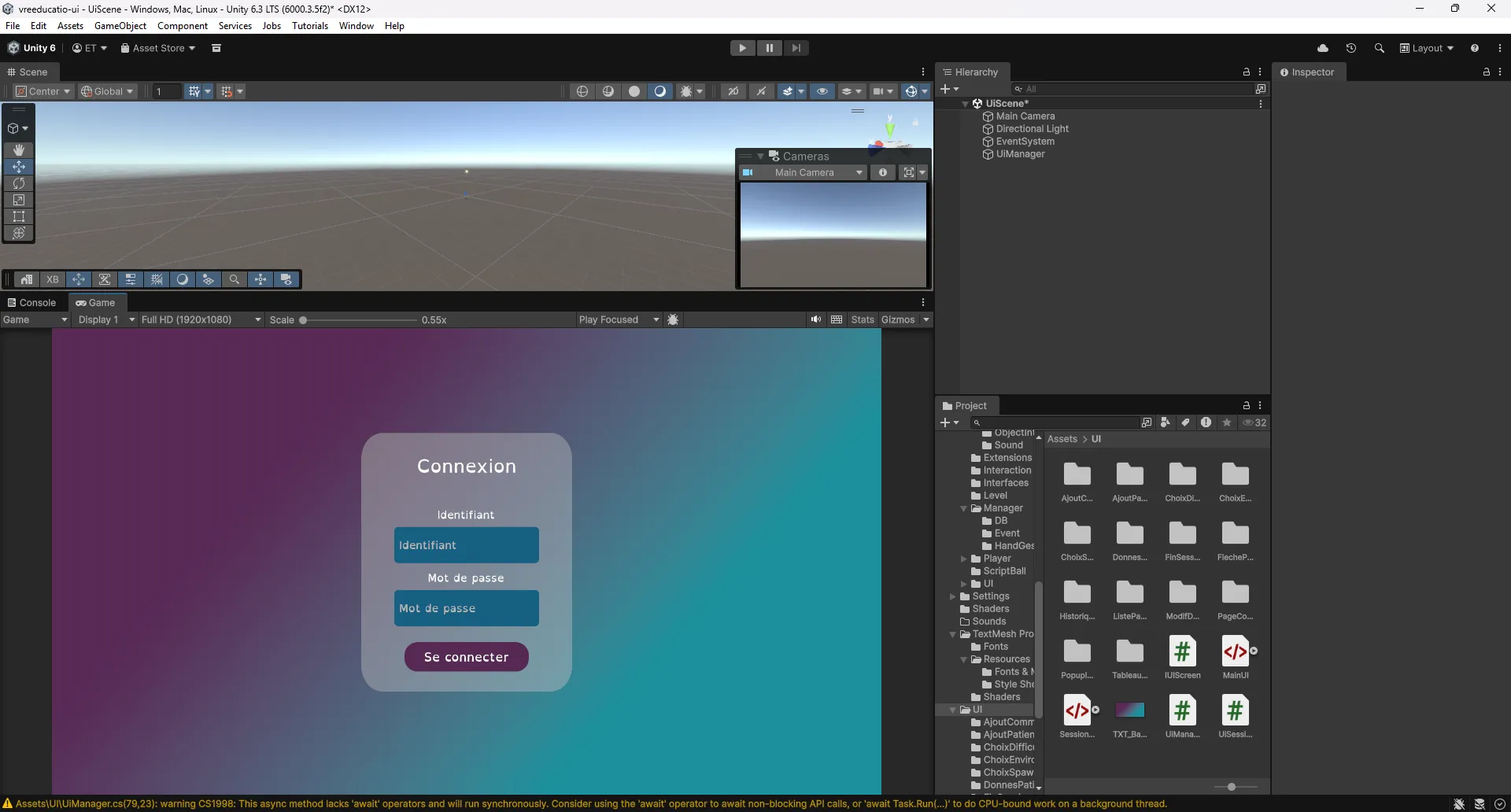 Capture d'écran de l'interface de connexion dans le moteur de jeu Unity