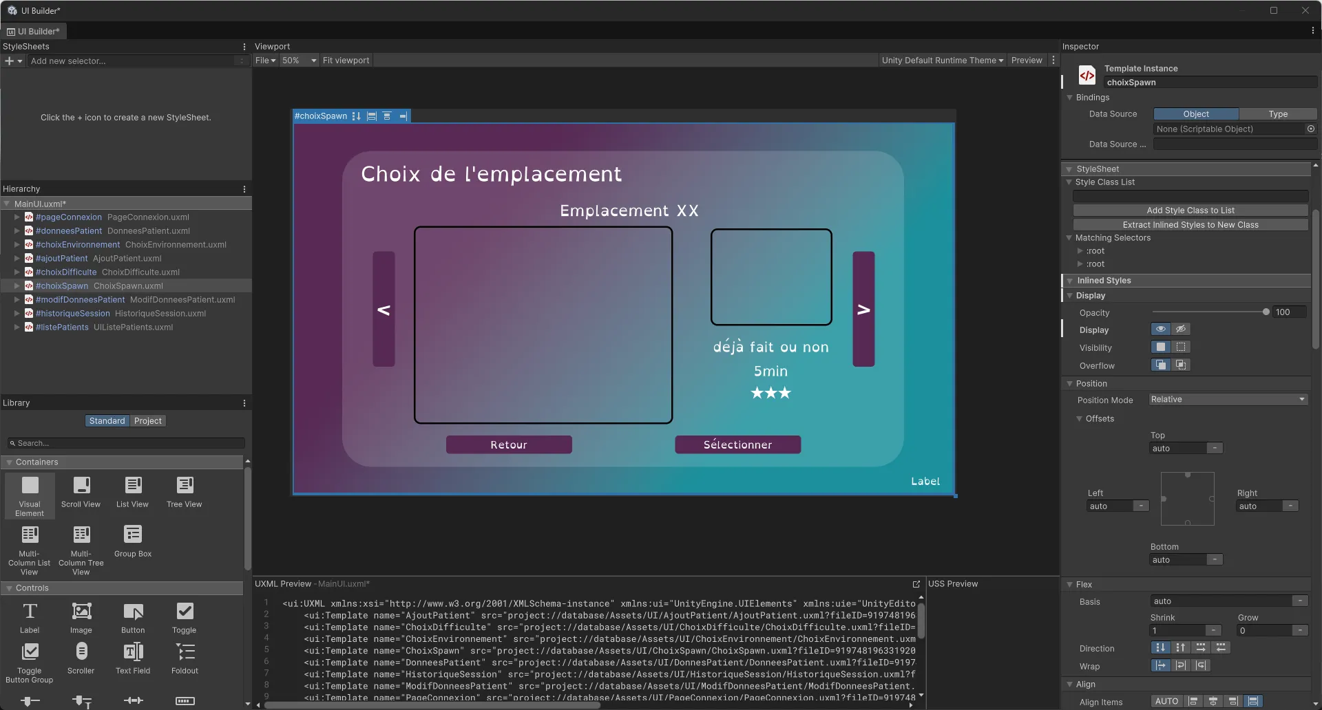 Capture d'écran d'une interface dans le builder dans Unity