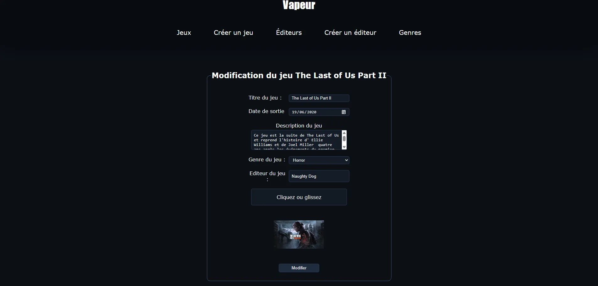 Capture d'écran du rendu de la page pour modifier un jeu