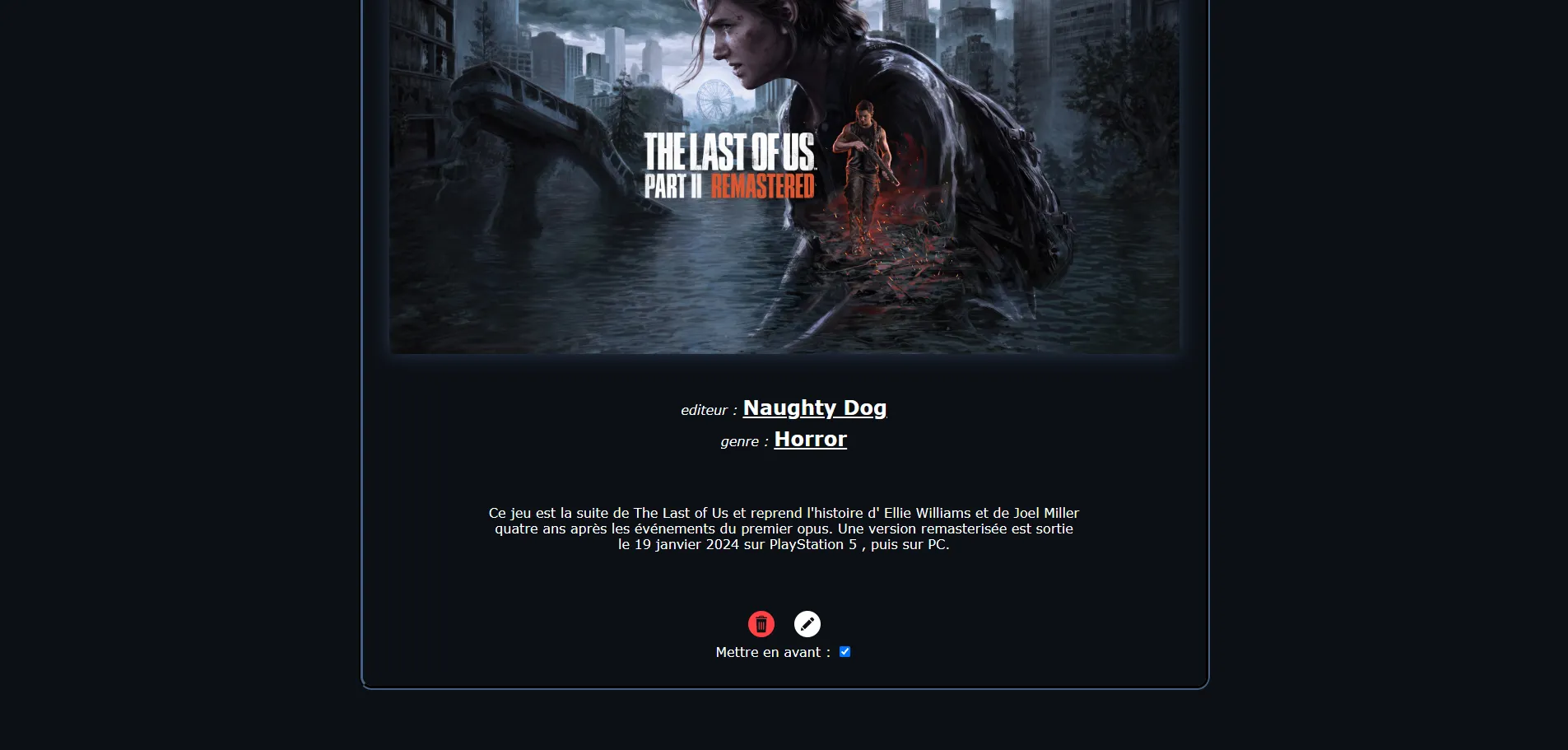 Capture d'écran du rendu de la page de détail d'un jeu
