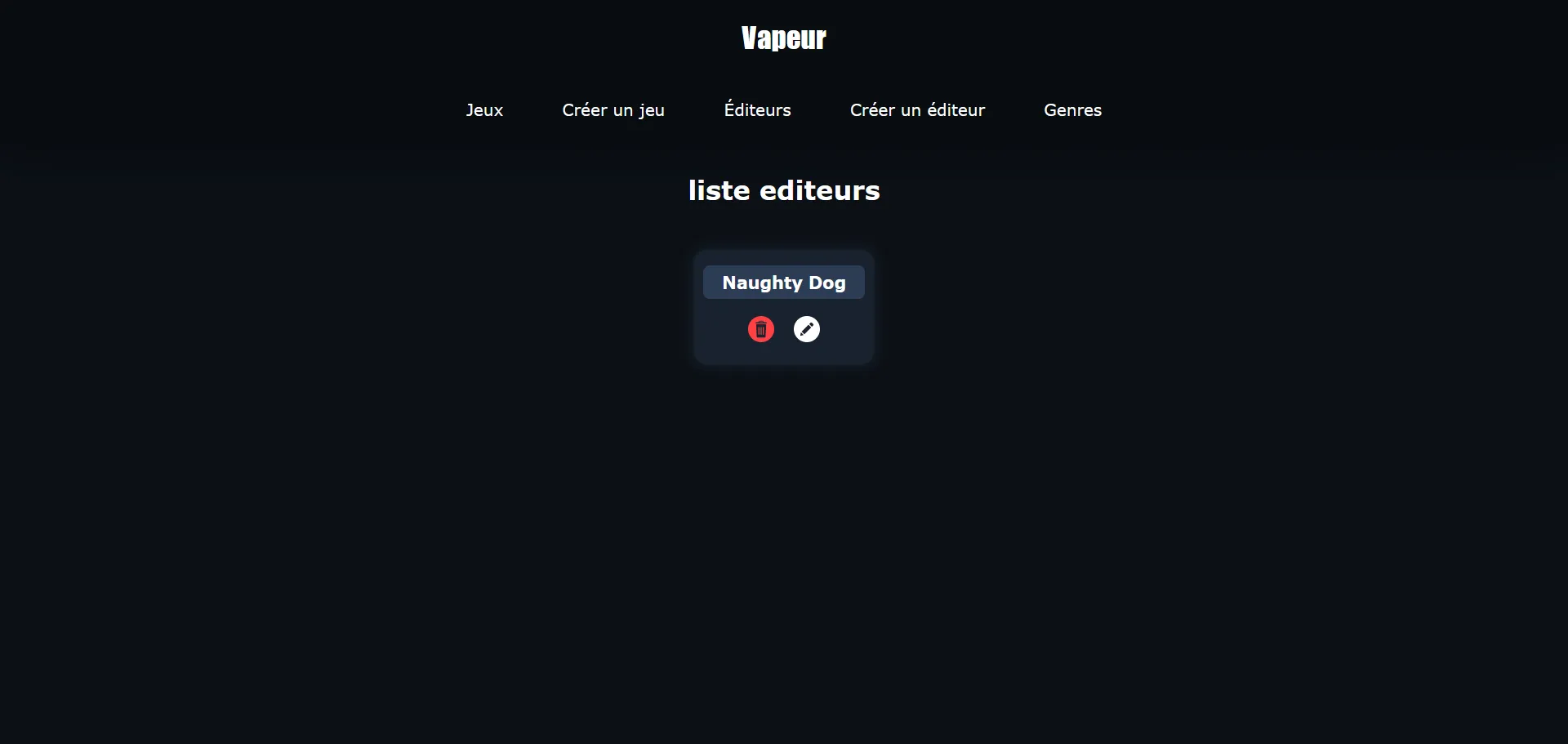 Capture d'écran du rendu de la page de la liste des éditeurs