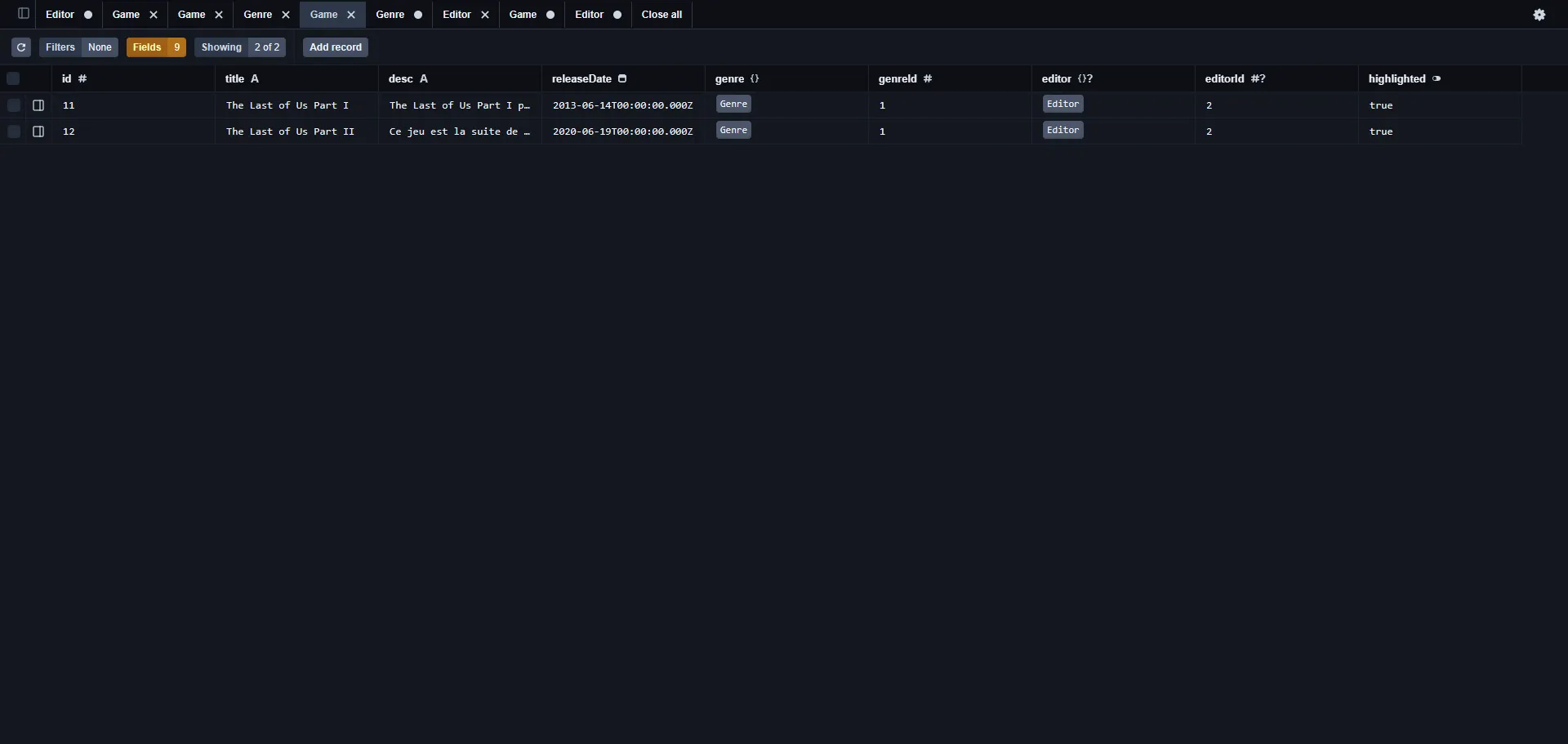Capture d'écran de la base de données des jeux
